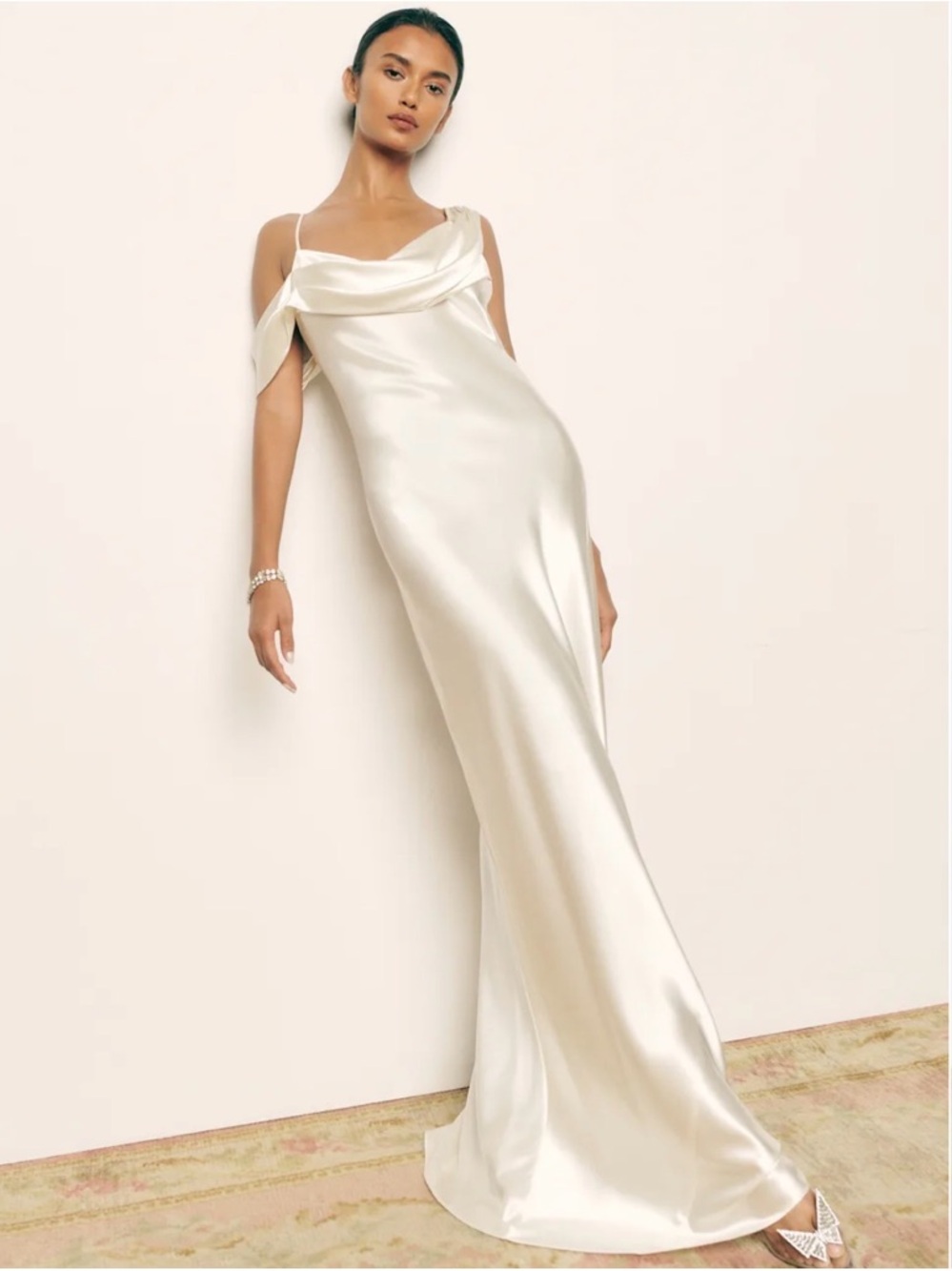 Reformation Cream One-Shoulder 100% Silk Dress